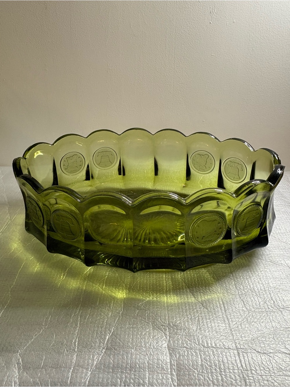 Fostoria Olive Green coin glass dish